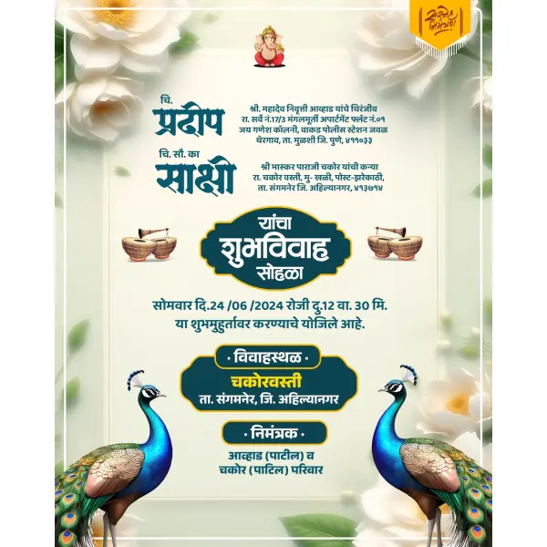 Online Edit Modern Peacock Theme Floral Marathi Lagna Patrika Design | Wedding Invitation Card 2026
